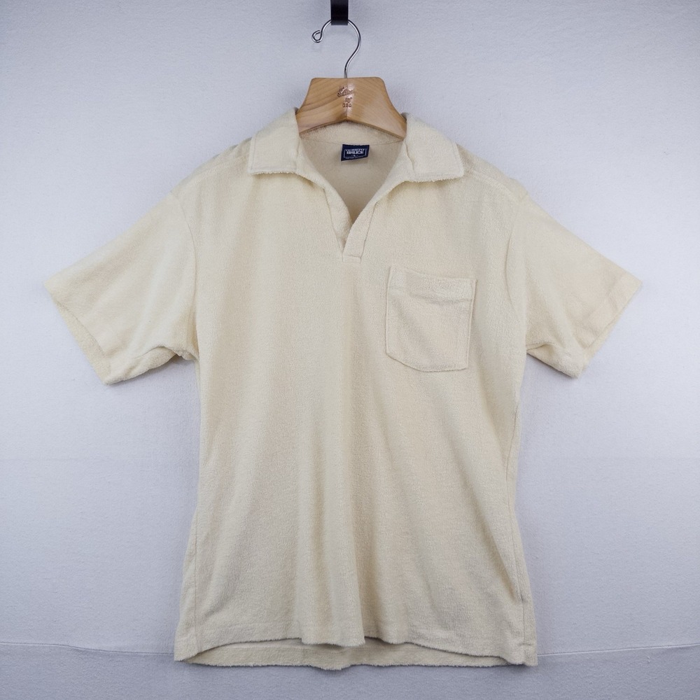 70's Vtg Robert Bruce Terry Cloth Polo Shirt Mens L Yellow Resort Beach Made USA